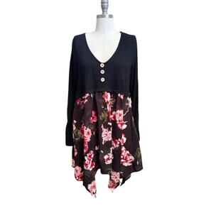 Rosegal NWT Black Floral Boho Tunic Dress Long Sleeve Asym Hem Size L